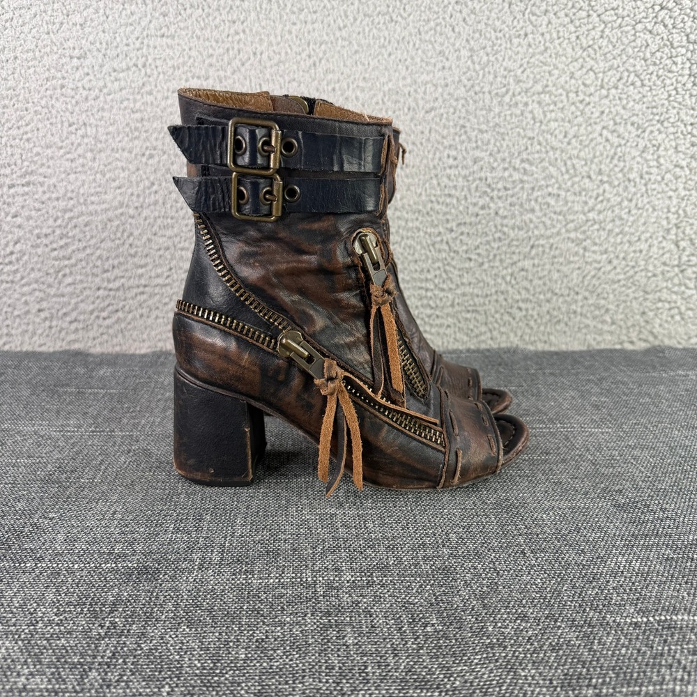 Freebird Zombi Booties Women 7 Brown Distressed Leather Open Toe Buckle Bootie